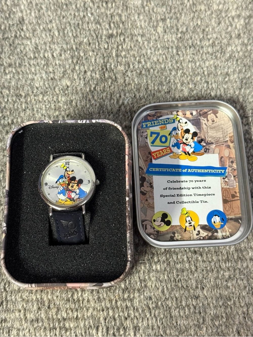 Disney Black Leather Strap 70th Anniversary Mickey & Friends Watch